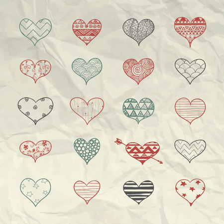 Vector Hand Drawn Heart Shapes with Doodle Patternsのイラスト素材