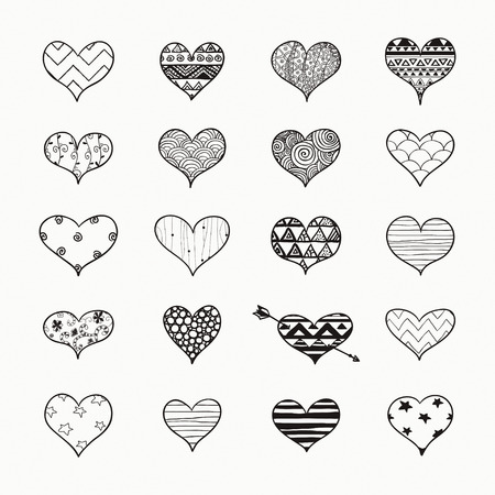 Set of Hand Drawn Heart Shapes with Doodle Patterns. 14 Fabruary Valentine Day Vector Illustration. Black Hearts Graphic with Aztec, Stars, Swirls, Zigzag, Lines, Circles, Triangles, Dots Ornaments.のイラスト素材