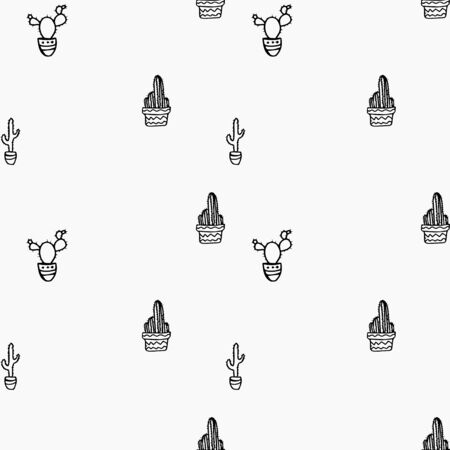 Abstract Hand Drawn Doodle Black Seamless Background Patterns with Cactuses. Fully Editable EPS file with Pattern Swatchのイラスト素材