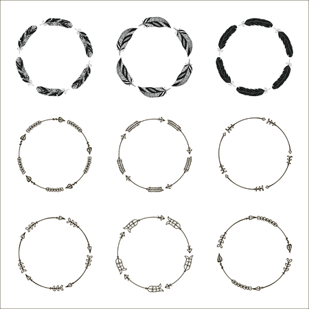 Set of hand drawn ethnic circle frames. Doodles style. Tribal native aztec vector illustration. Decorative isolated elements, border, label for text. Ink collection of symbols.のイラスト素材