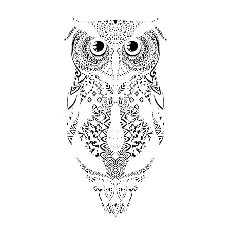 Vector black hand drawn tribal patterned Owl Illustrationのイラスト素材