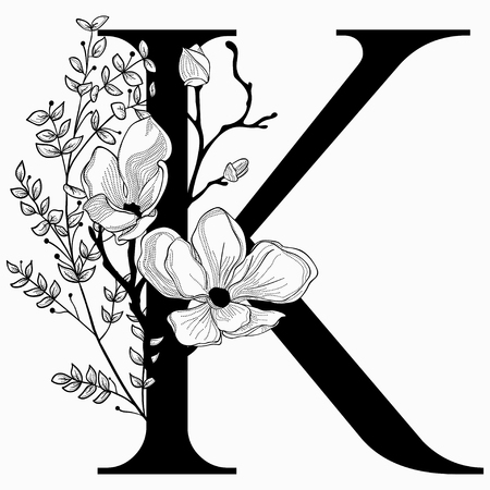 Vector Hand Drawn floral K monogram and logoのイラスト素材