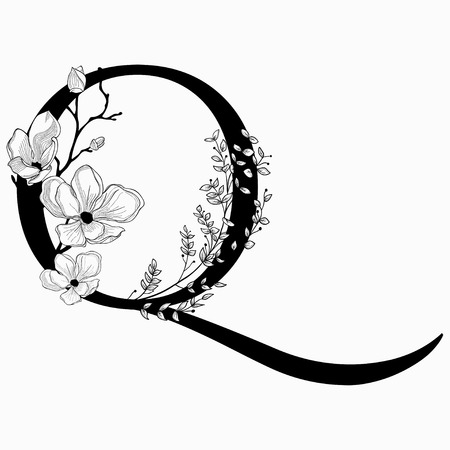 Vector Hand Drawn floral uppercase Q monogram and icon.のイラスト素材