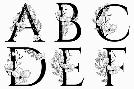 A Vector Hand Drawn floral uppercase letters monograms or logo. Uppercase Letters A, B, C, D, E, F with Flowers and Branches, Cherry Blossom. Floral Designのイラスト素材