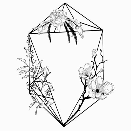 Black Vector Floristic Frame with Geometric Linear Design. Outlined Hand Drawn Floral Frame Border. Geometric Shapes decorated with flowers, branches and plantsのイラスト素材