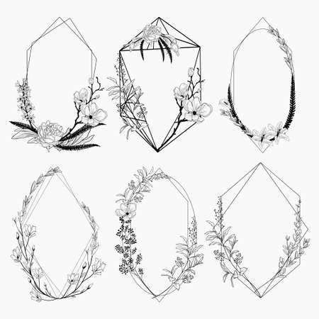 Black Vector Floristic Frames Collection with Geometric Lines Design. Outlined Hand Drawn Floral Frames Borders. Geometric Shapes decorated with flowers, branches and plantsのイラスト素材