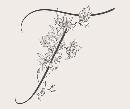 Vector Hand Drawn Flowered Uppercase T monogram and logoのイラスト素材