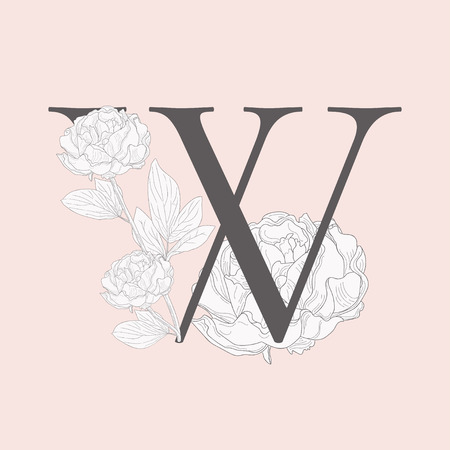 Vector Hand Drawn Flowered W monogram or logo. Uppercase Letter with Peony Flower. Wildflowers. Floral Designのイラスト素材