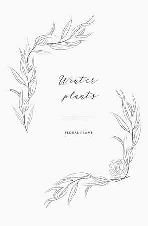 Delicate line drawing vector floral wreath frame. hand drawn delicate branches, leaves, plants. Botanical illustration. Leaf logo. Wedding invitationのイラスト素材