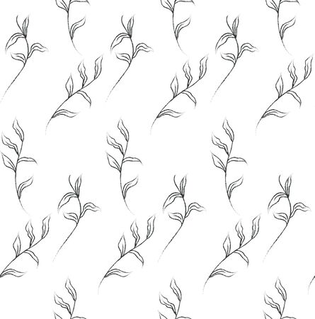 Vector Hand Drawn Line Drawing Doodle Floral Seamless Pattern with Wildflowers, Plants, Branches, Leaves. Design Elements Illustration. Branding. Swatchのイラスト素材