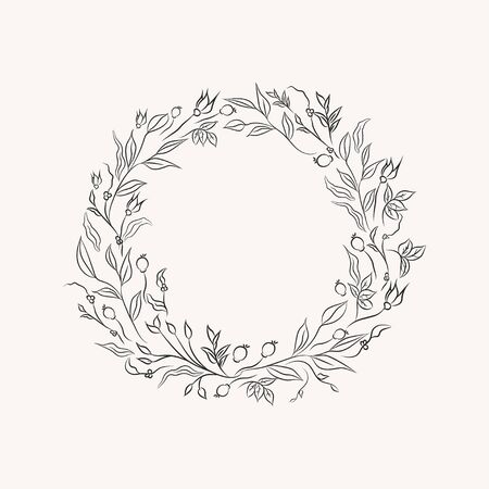 line drawing vector floral wreath, opulent round frame with hand drawn flowers, branches, plants, herbs. Botanical illustration. Leaf logo. Wedding invitation, monogramのイラスト素材