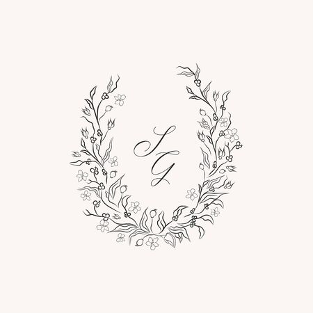 line drawing vector floral wreath, opulent oval frame with hand drawn magnolia flowers, branches, plants, herbs. Botanical illustration. Leaf logo. Wedding invitation, monogramのイラスト素材