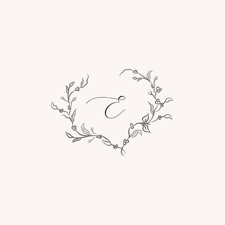 line drawing vector floral wreath, frame with hand drawn flowers, branches, plants, herbs. Botanical illustration. Leaf logo. Wedding invitation, monogramのイラスト素材