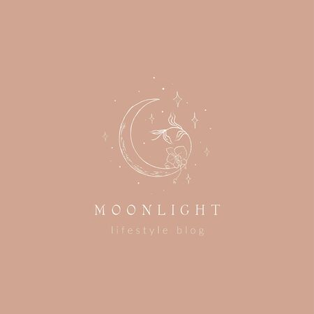 abstract hand drawn crescent moon  with stars, orchid flower and leaves. icon, vector illustration in trendy line linear art style. Brandingのイラスト素材