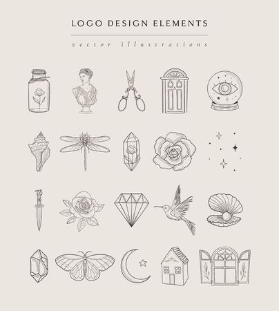 Collection of vector, fine, hand drawn logo design elements, detailed decorative illustrations and icons for various ocasions and purposes. Trendy Line drawing, lineart styleのイラスト素材