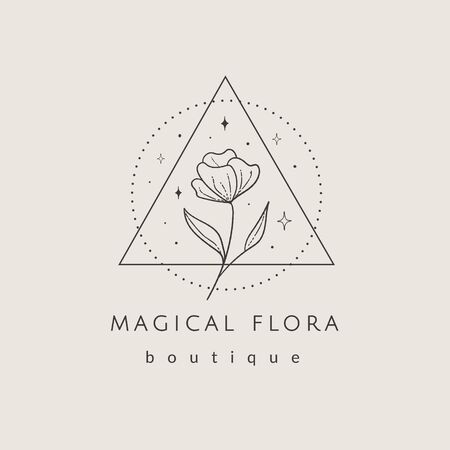 abstract hand drawn flower logo with stars in geometric triangle and round dotted frames. icon, vector illustration in trendy line linear art style. Brandingのイラスト素材