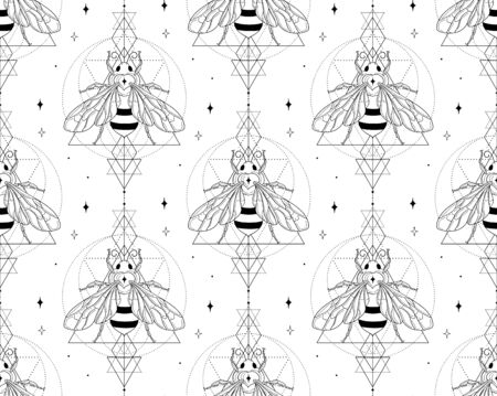 abstract honey bee seamless patterns with stars. line art vector illustration. packagingのイラスト素材