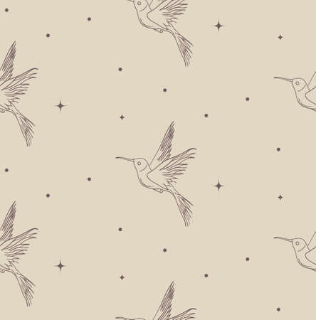 Colorful Abstract Background Seamless Pattern with Birds And Stars. Hummingbird, Stars, Dots. Mystic Design, Vector Illustration for wrapping tissue paper.のイラスト素材