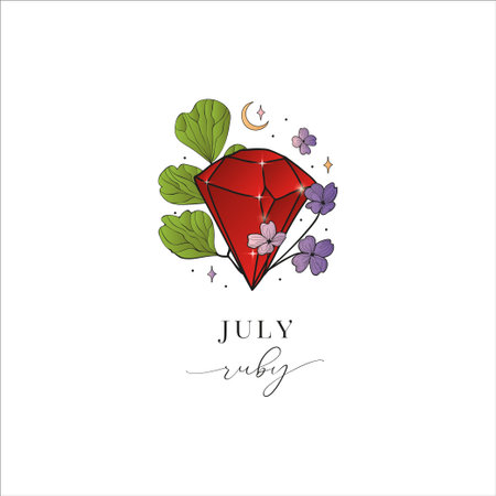 Colored Flowered Hand Painted Birthstones Gem Illustration. Healing Crystal. July Ruby.のイラスト素材