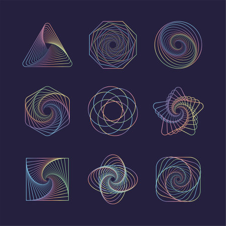 Set of Abstract Geometric Colorful Shapes. Contemporary Psychedelic Multicolor Line Art.のイラスト素材