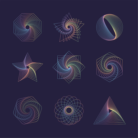 Set-02 of Abstract Geometric Colorful Shapes. Contemporary Psychedelic Multicolor Line Art.