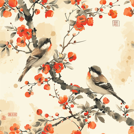 Birds, Blossom Pattern Tile. Print Design Seamless Patterns.のイラスト素材