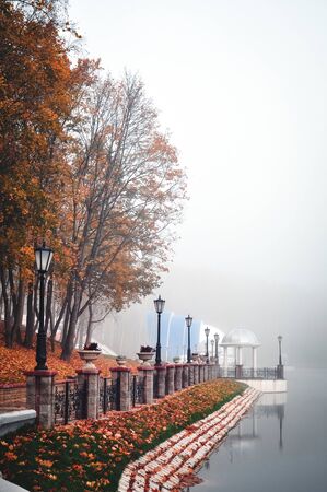 Embankment street with trees and lanterns in foggy weather in the fall.の写真素材