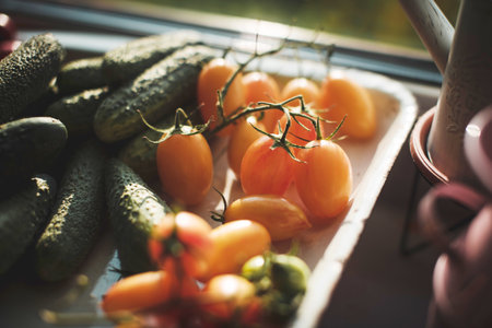 Tomatoes and cucumbers are on a tray. Fresh juicy vegetables. Nutrition and healthy food...