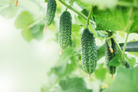 Fresh ripe cucumbers growing in greenhouse close up. Growing organic vegetables in the garden. Place for text.の写真素材