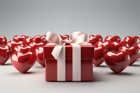Red gift box with a white bow in a simple style, surrounded by many red hearts on a white background.の素材