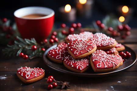 A plate of heart-shaped cookies decorated with red icing and white patterns. Homemade baking. Valentines Day concept.の素材