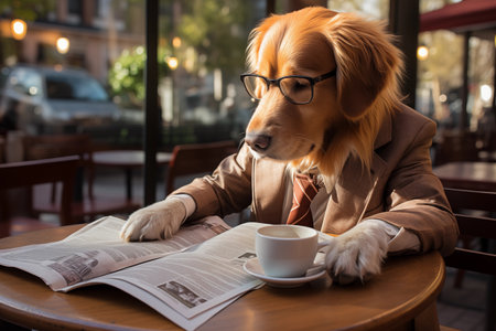 A dog in a suit and tie sits at a coffee table and reads the newspaper. Pets.の素材