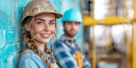 A young married couple in work clothes stands with their backs to a wall ready for renovation. Repair and construction concept.の素材