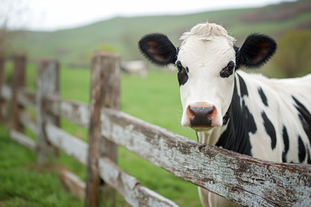 Black and white cow behind a wooden fence in a green field with copy space.の素材