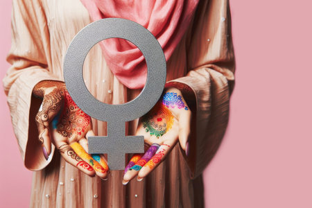 Hands of Muslim woman with henna tattoo hold female gender symbol with copy space for text.の素材