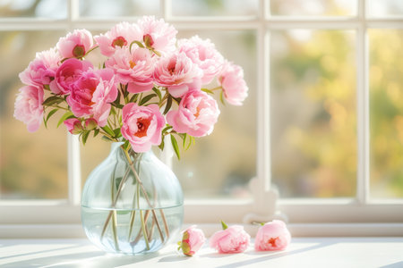 Bouquet of pink peonies on the windowsill with copy space.の素材