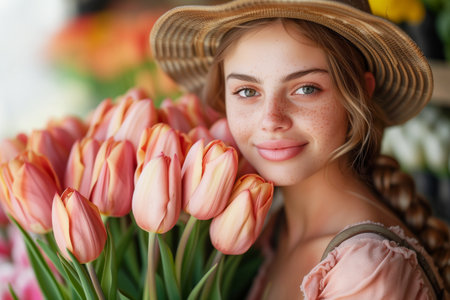 Young beautiful woman with a bouquet of tulips.の素材