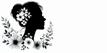 Silhouette of a beautiful woman with flowers on a white background with copy space for textの素材