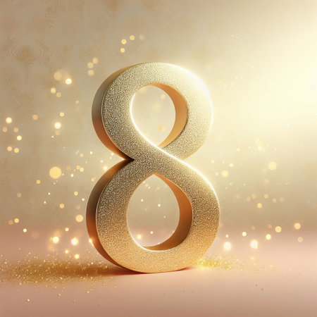 The symbol 8 in golden amber hue, is encircled by sparkling glitter.の素材
