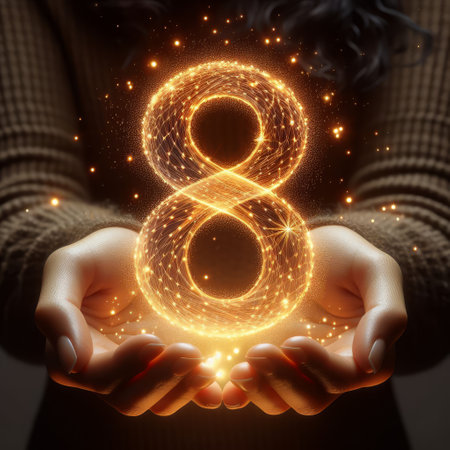 Close-up of woman's hands holding glowing neon 3D number 8. Happy Women Day festive background. 8 March International Women's Day greeting card.の素材