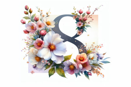 Number eight with flowers and leaves, isolated on white background. Watercolor painting.の素材