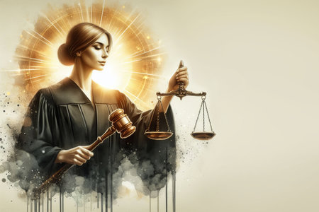 Young woman judge with scales of justice on color background with copy space for text. Law conceptの素材