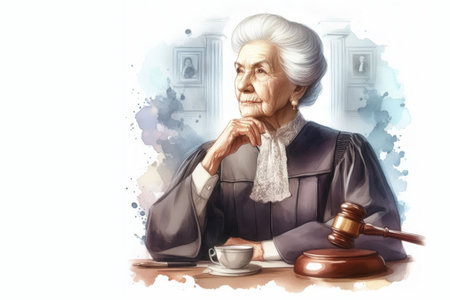Elderly lady Judge with gavel and cup of coffee on white background with copy space. Watercolor drawing.の素材