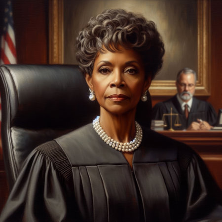 Portrait of a black female judge in a judge's robe in a courtroom with an American flag in the background.の素材