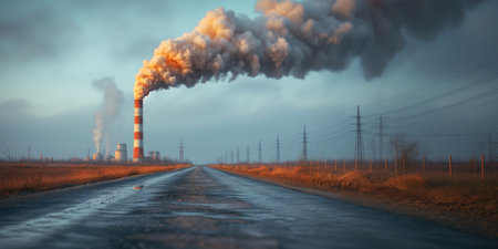 Smoke billows from a chimney along the road, mingling with the clouds in the sky. Environmental pollutionの素材