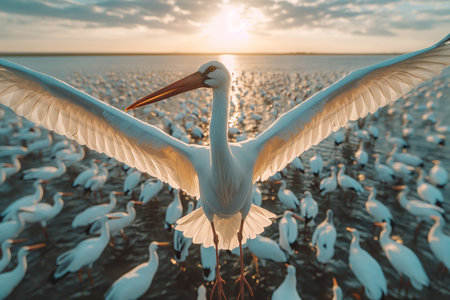 White stork close-up against the backdrop of a lake with a flock of birds at sunset. Migrating birds.の素材