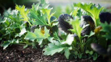 Food background of salad mix in an outdoor home garden. Mizuna and Mustard. Growing fresh vegetables...