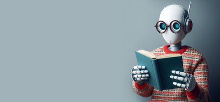 A robot wearing glasses and a sweater reads a book on a plain gray background with copy space for text. Concept of learning, education, reading. World Book Day.の素材