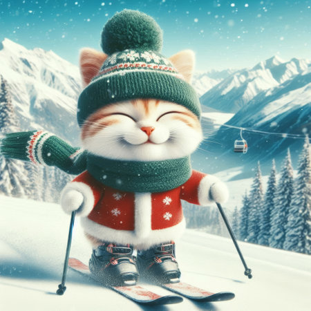 Cute cat skiing in the mountains. Winter vacation and sport concept.の素材