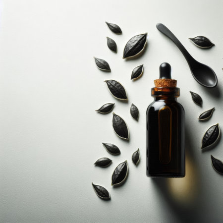 Bottle of pumpkin seed oil and seeds on white background, top viewの素材